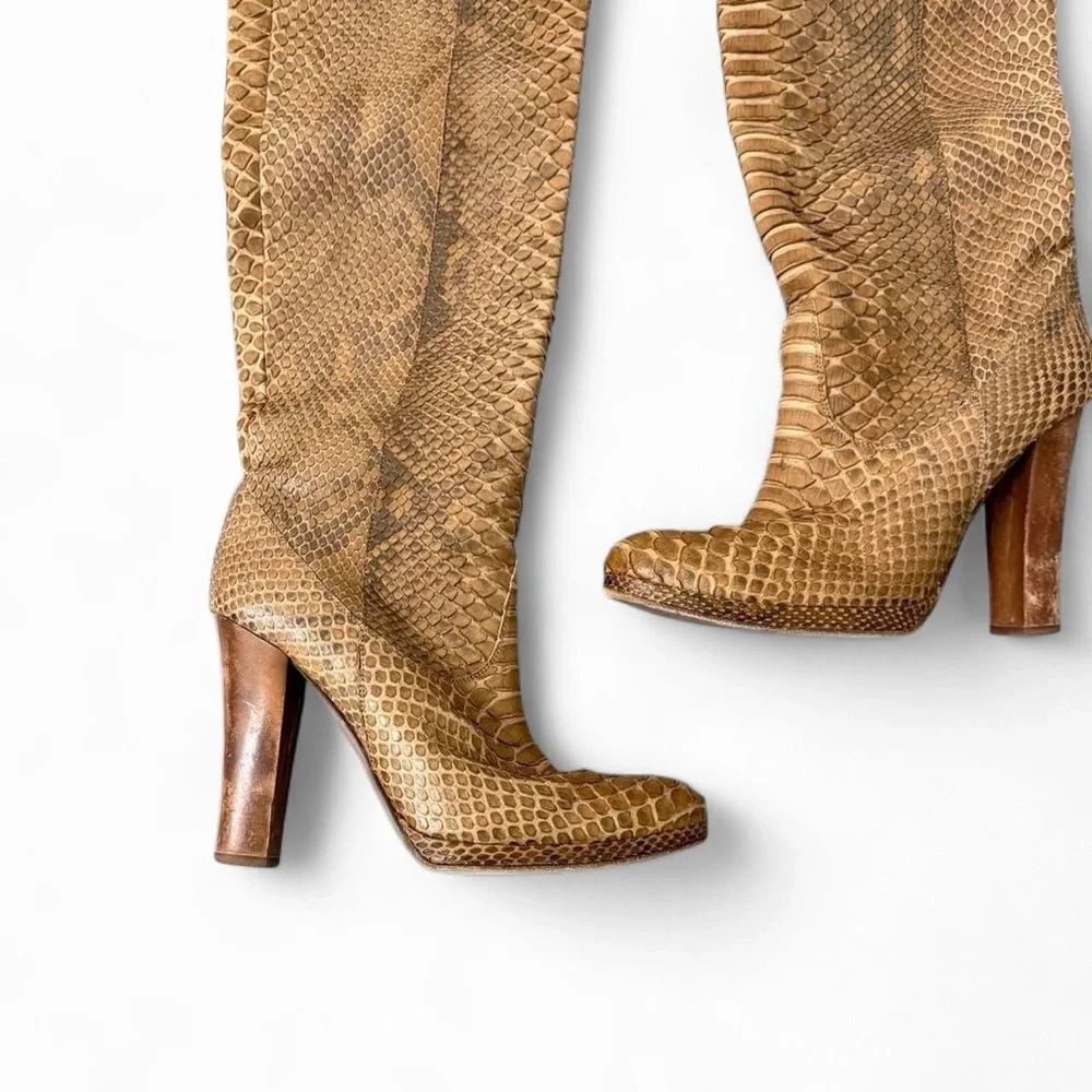 Python Snake-Print Real Leather Knee Boots - Picture 2 of 5